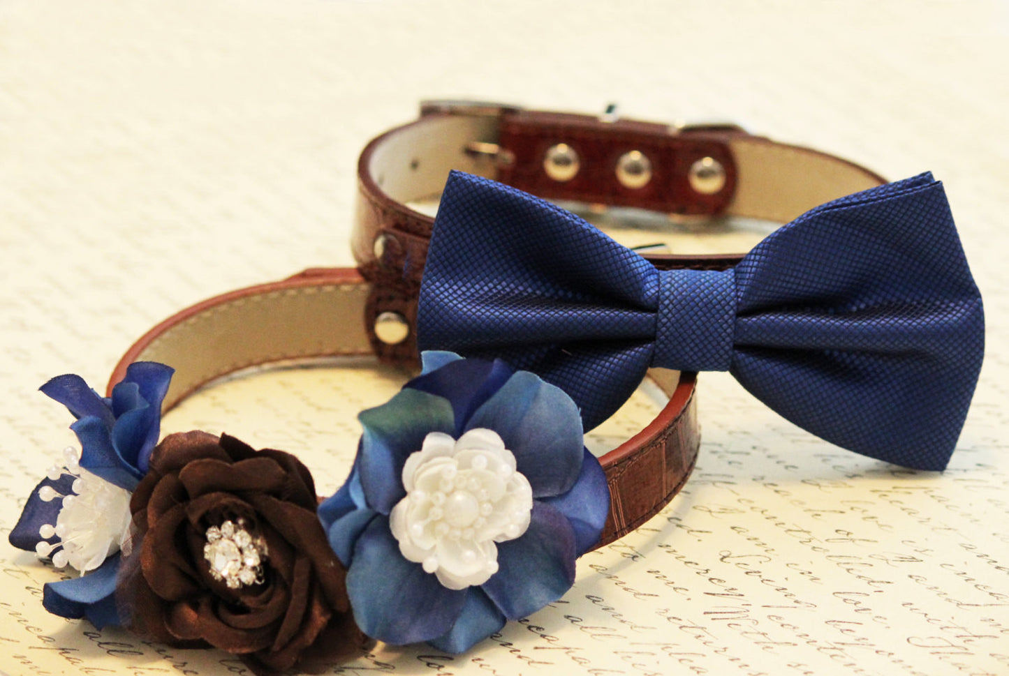 Blue and Brown 2 Dog Collars, Floral and Bow tie Wedding dog accessory , Wedding dog collar