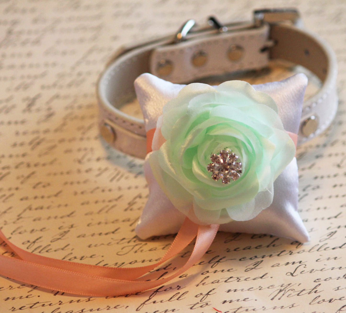 Mint Peach Ring Pillow , Pillow attach to the Leather dog Collar,Dog Ring Bearer Pillow, Pet Wedding accessory, Mint , Wedding dog collar