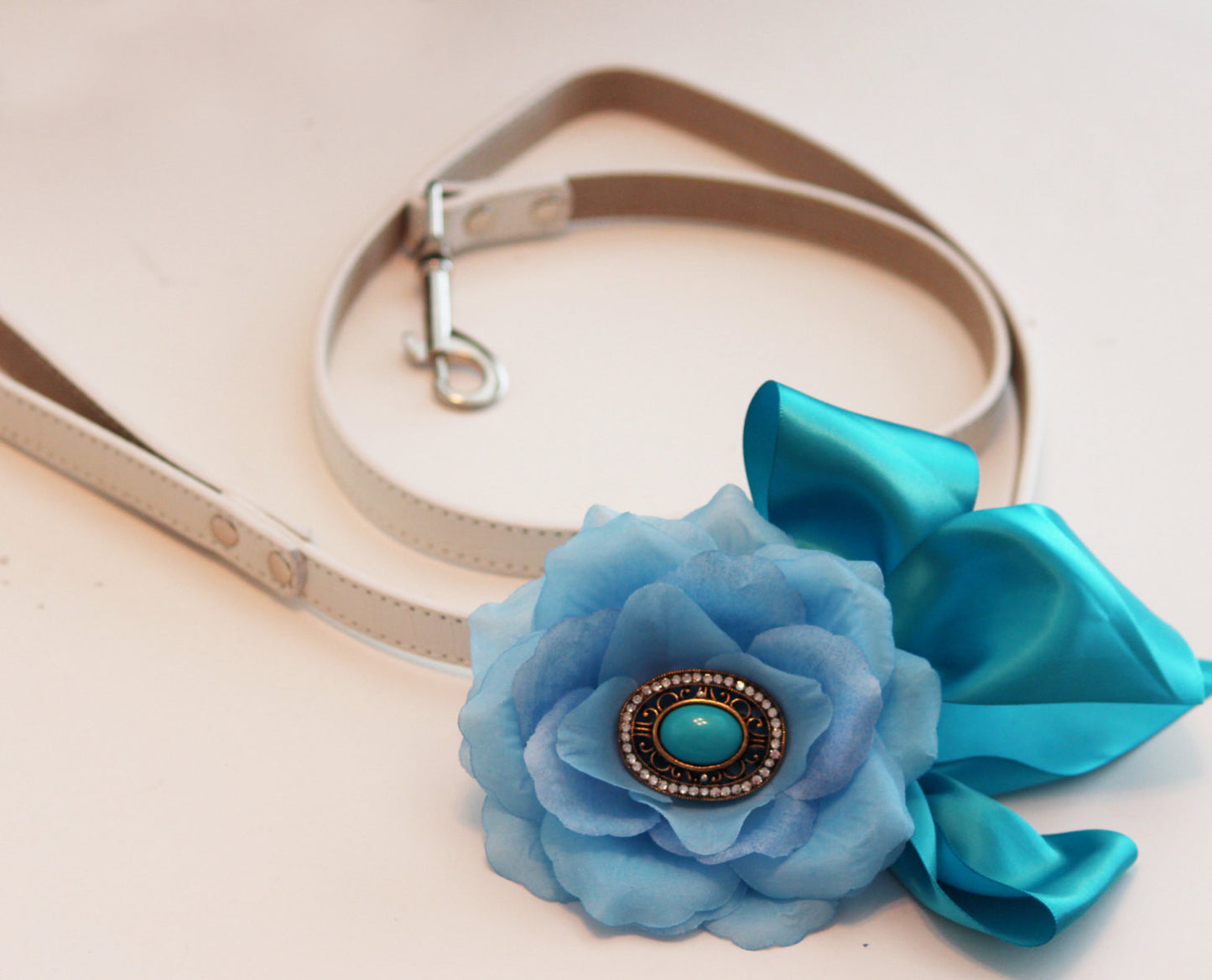 Teal Blue Floral Leash, Wedding accessorry, High quality Leather, Teal blue , Wedding dog collar