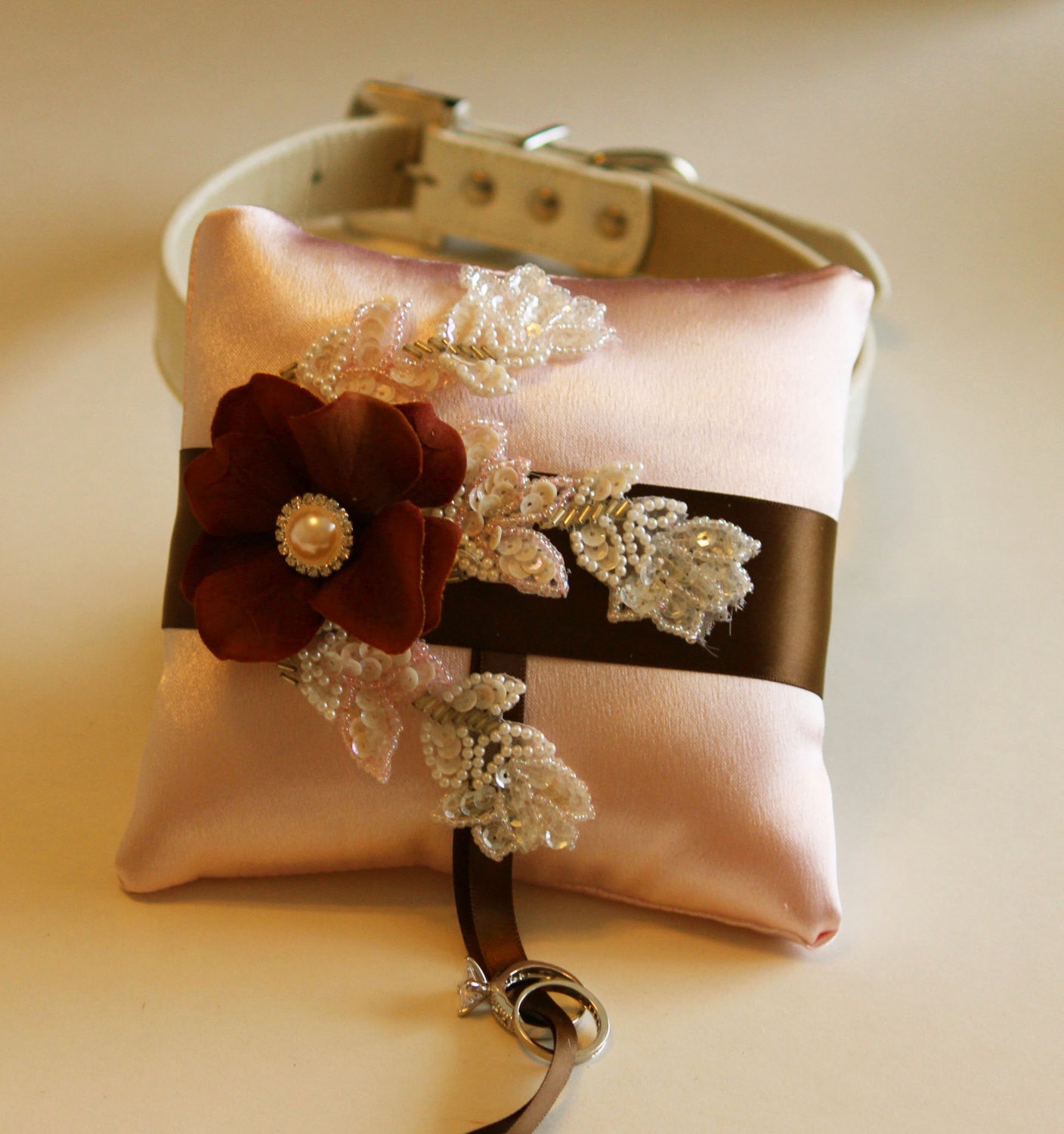 Pink and Brown Ring Pillow,Ring Pillow attach to Collar , Wedding dog collar