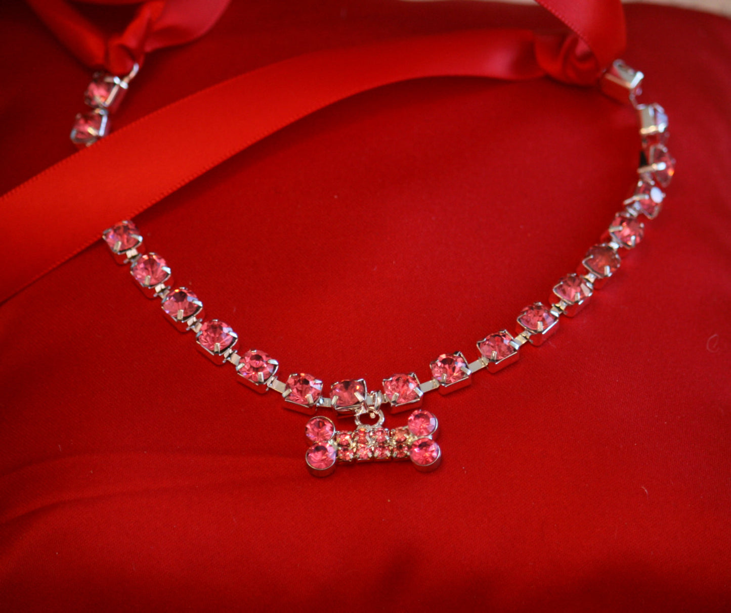 Dog jewelry- Pink Rhinestone Pet wedding accessories, Dog jewelry with charm, Bone Charm. Cat jewelry , Wedding dog collar