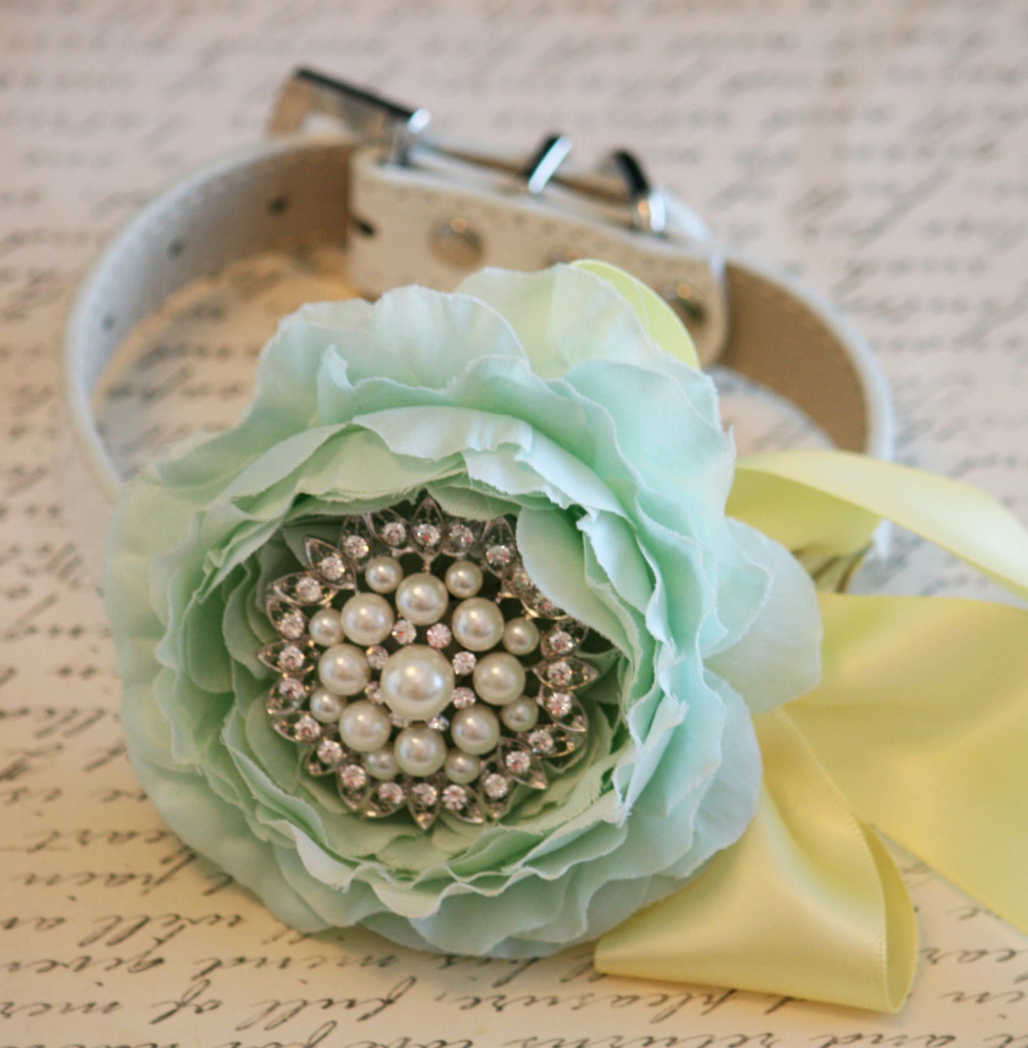 Mint and Yellow Floral Dog Collar, Mint Wedding Accessory, Pet Wedding Accessory, 2014 Wedding Color, Flower with Rhinestone , Wedding dog collar