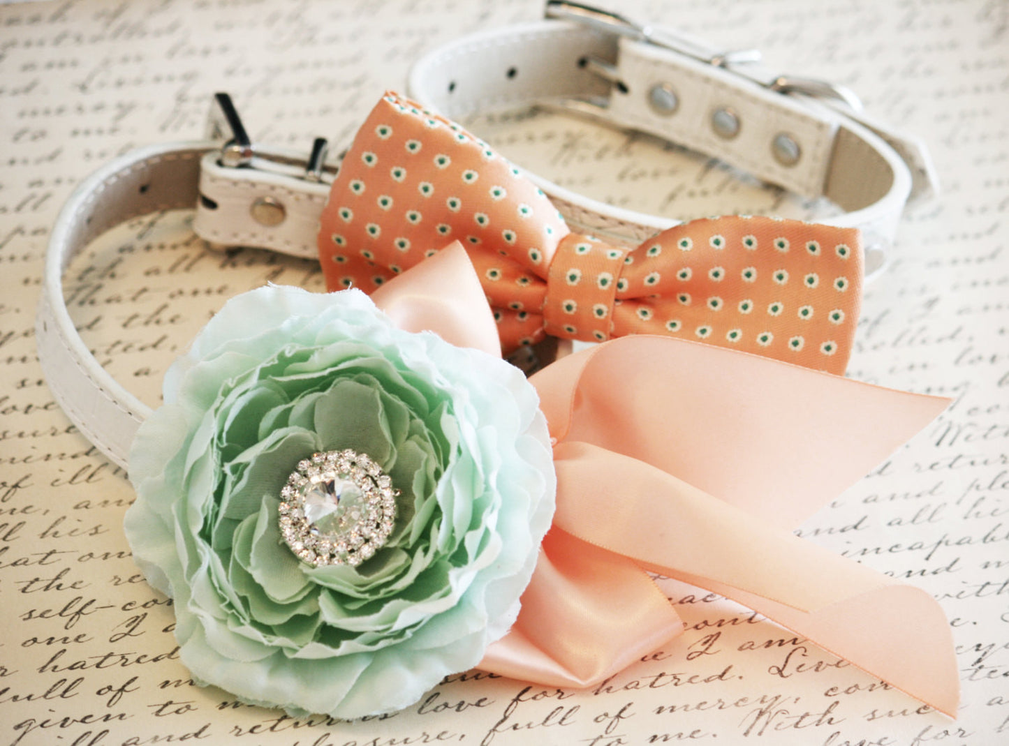Peach and Mint Dog Collars,2 Dog Collars, Bow tie and Floral collar, Pet wedding accessory, Dog Lovers , Wedding dog collar