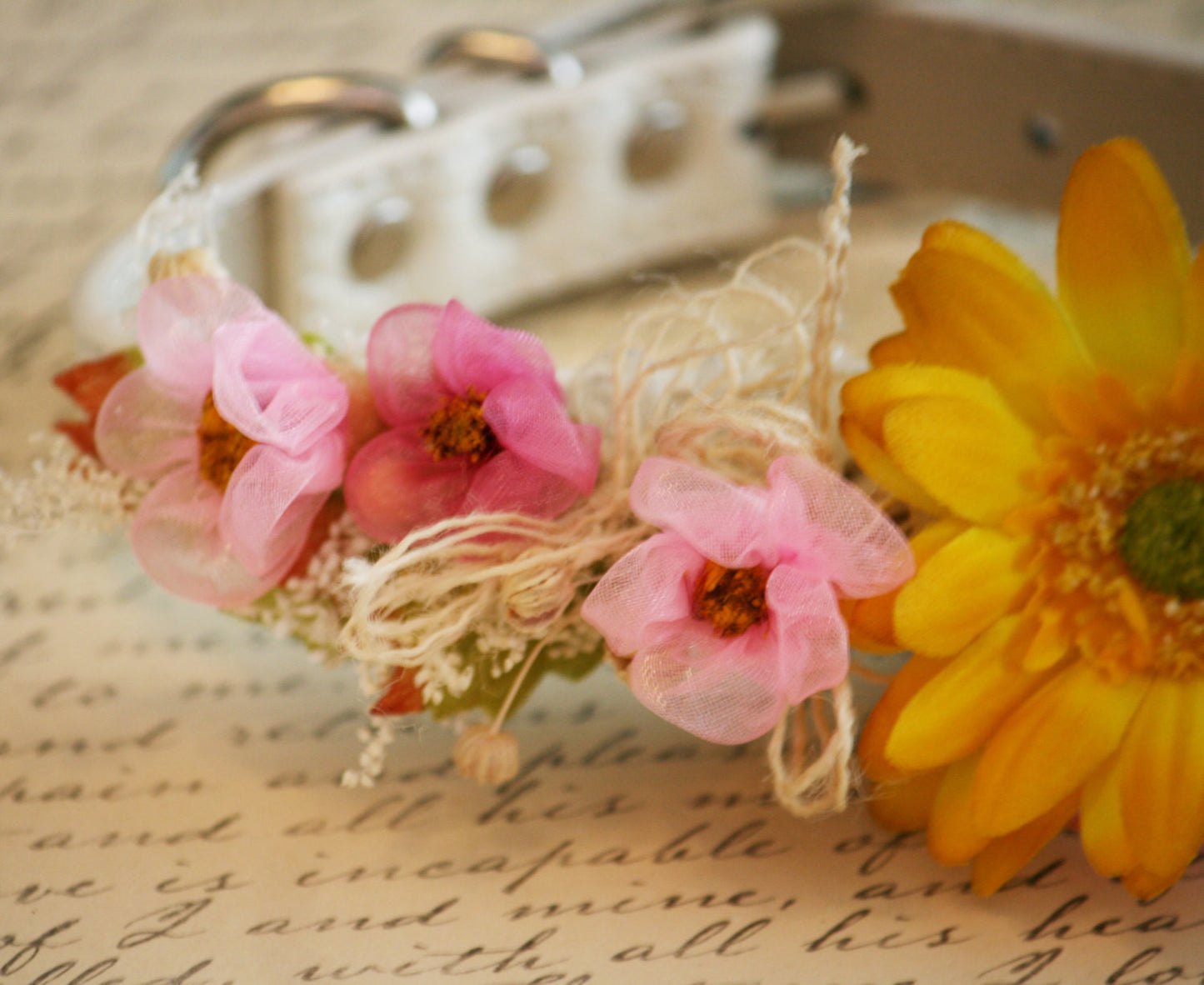 Pink and Yellow Floral Dog Collar, Pet wedding Accessory, Spring Wedding Accessory, Garden Wedding idea, Dog Lovers, Pink and Yellow , Wedding dog collar