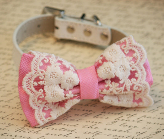 Pink Lace Dog Bow Tie collar, Pink Lovers, Pet wedding accessory , Wedding dog collar