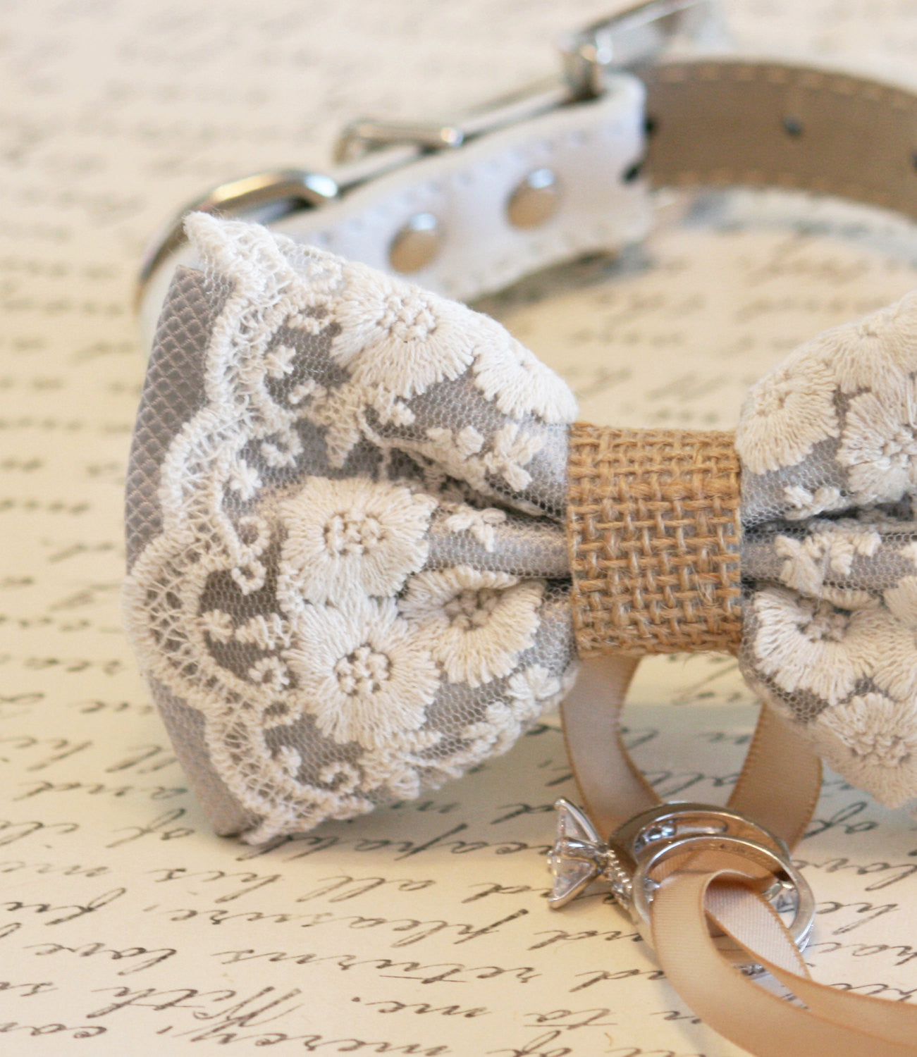 Gray Lace Burlap Dog ring bearer, Rustic, Bohemian, Proposal , Wedding dog collar