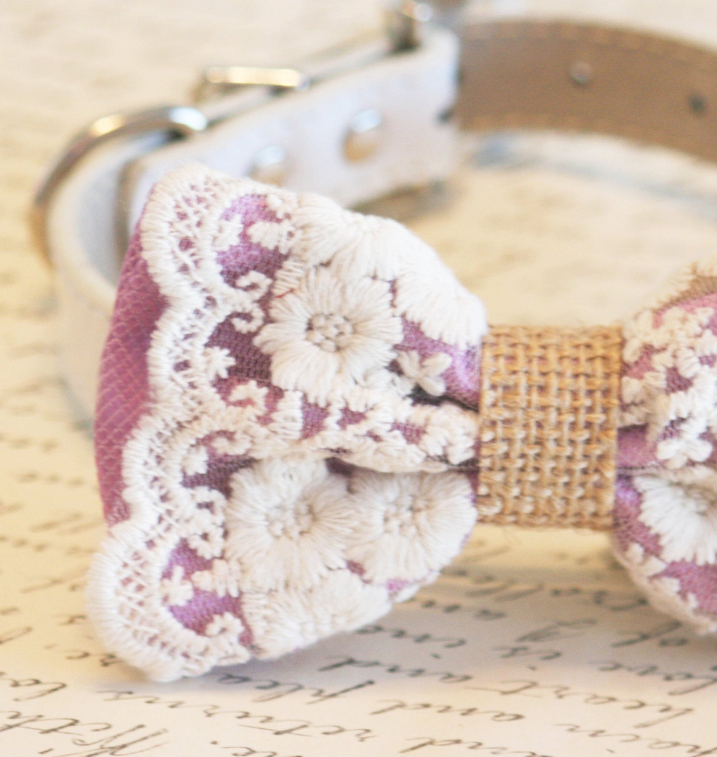 Lavender Dog Bow Tie collar Lace Burlap Bow, Rustic, boho , Wedding dog collar