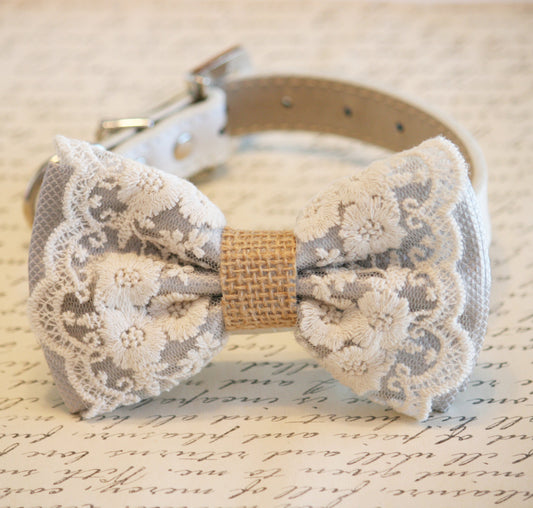 Gray Dog Bow Tie collar, Lace and Burlap, Rustic, Country, Pet wedding accessory, Dog ring bearer dog ring bearer leather adjustable dog collar , Wedding dog collar