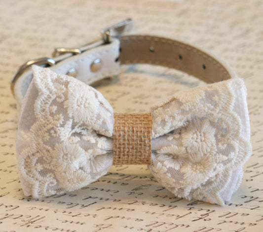 White Lace and Burlap Dog Bow Tie collar, Rustic, Country wedding, boho wedding , Wedding dog collar