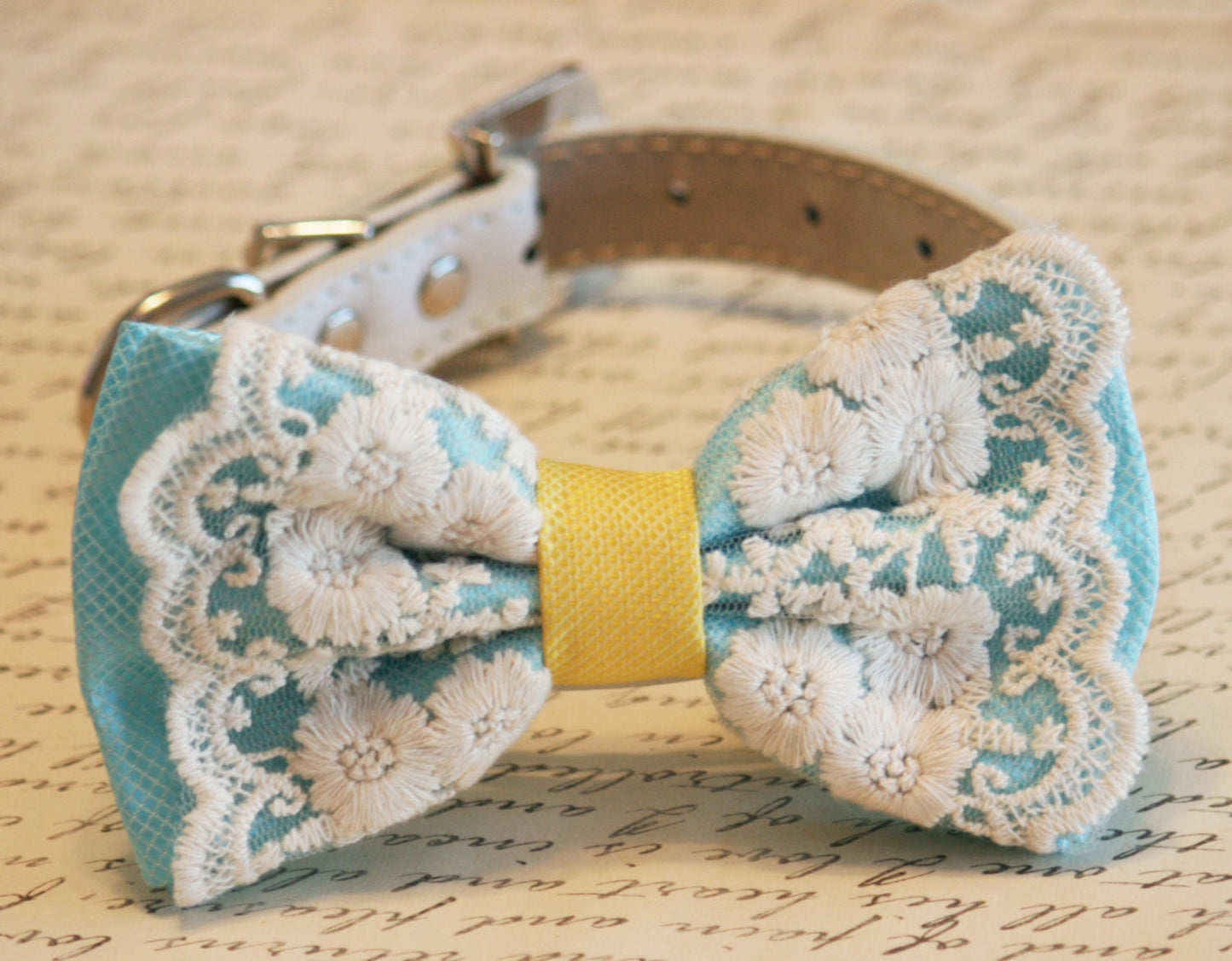 Blue Dog Bow Tie, Pet Accessory, Blue and yellow bow, Lace bow , Wedding dog collar