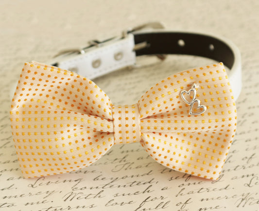 Cream Dog Bow tie collar, heart charm, birthday gift, pet wedding, Polka dots , Wedding dog collar