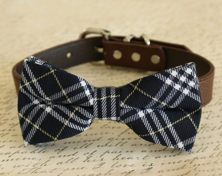 Navy Plaid Dog Bow Tie attached to collar, Dog gift, Pet accessory, Navy wedding , Wedding dog collar