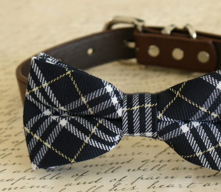 Navy Plaid Dog Bow Tie attached to collar, Dog gift, Pet accessory, Navy wedding , Wedding dog collar