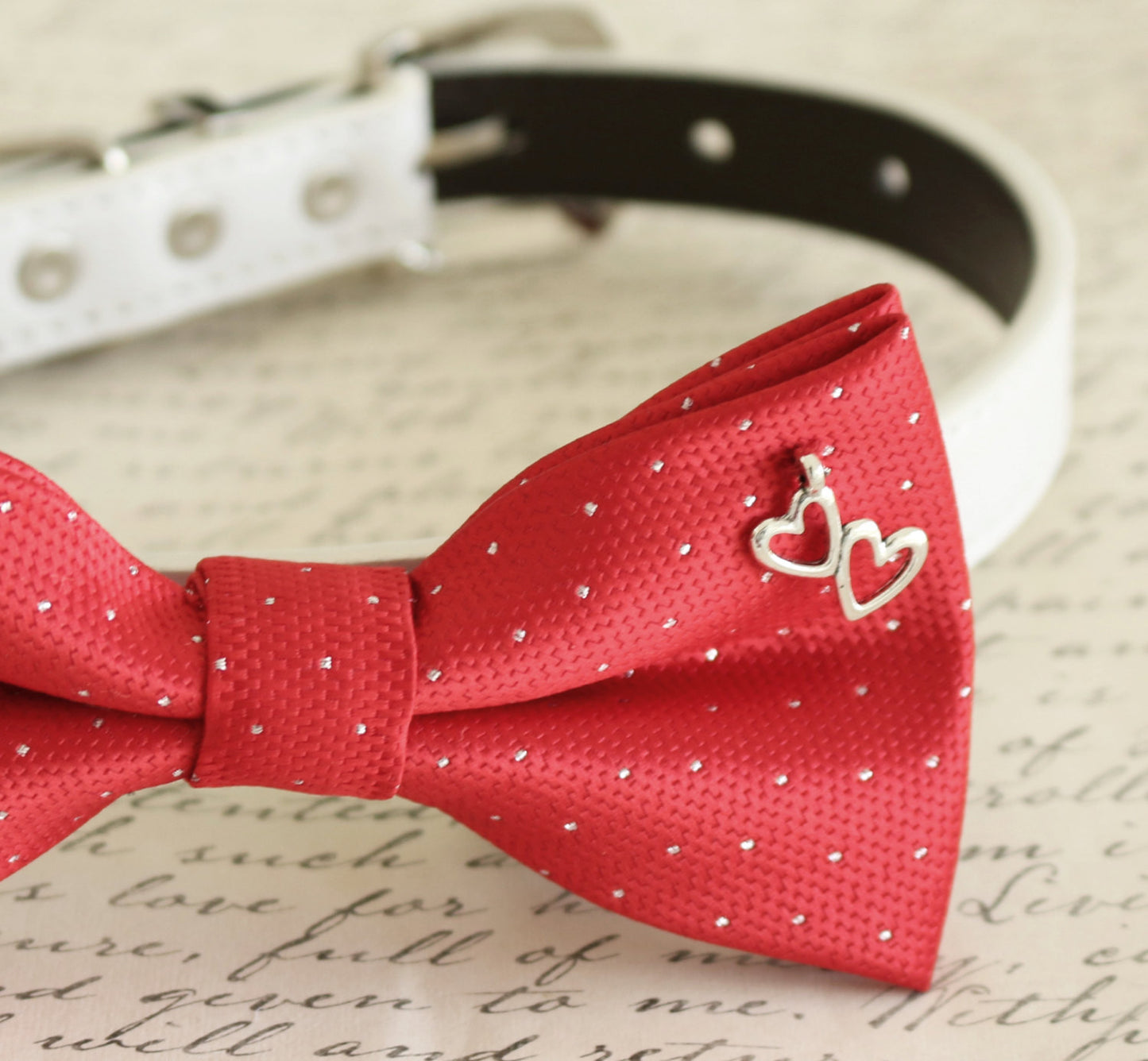 Red Dog Bow tie attached to dog collar, heart charm, Dog gift, Pet wedding , Wedding dog collar
