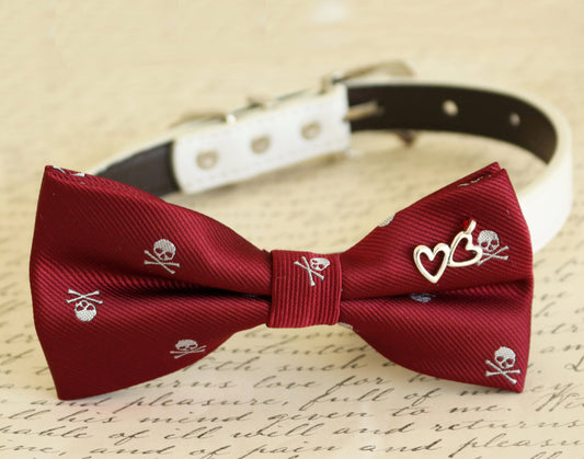Burgundy Dog Bow tie collar, heart charm, birthday gift, wedding accessory, Skull , Wedding dog collar
