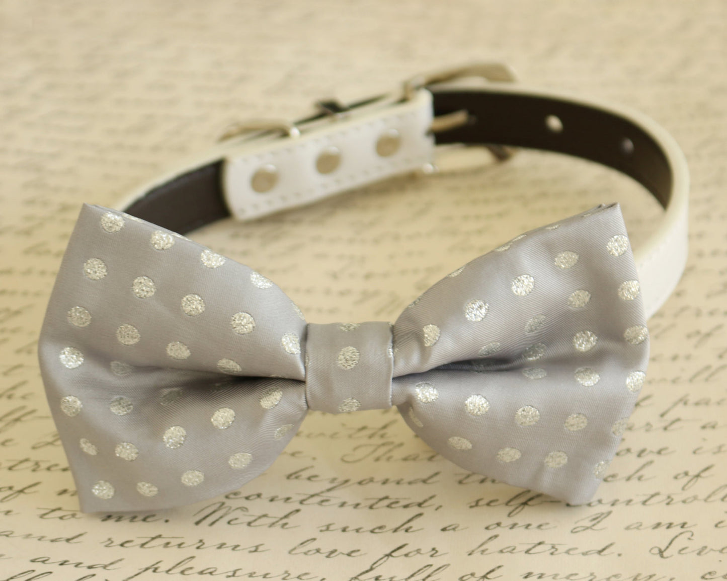 Silver Dog Bow Tie, bow attached to dog collar, Pet wedding accessory , Wedding dog collar
