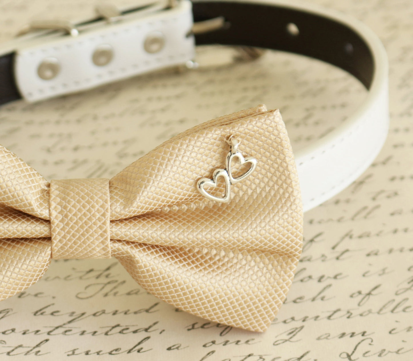 Champagne Dog Bow tie collar, Heart Charm, Birthday Gift, Pet Wedding , Wedding dog collar