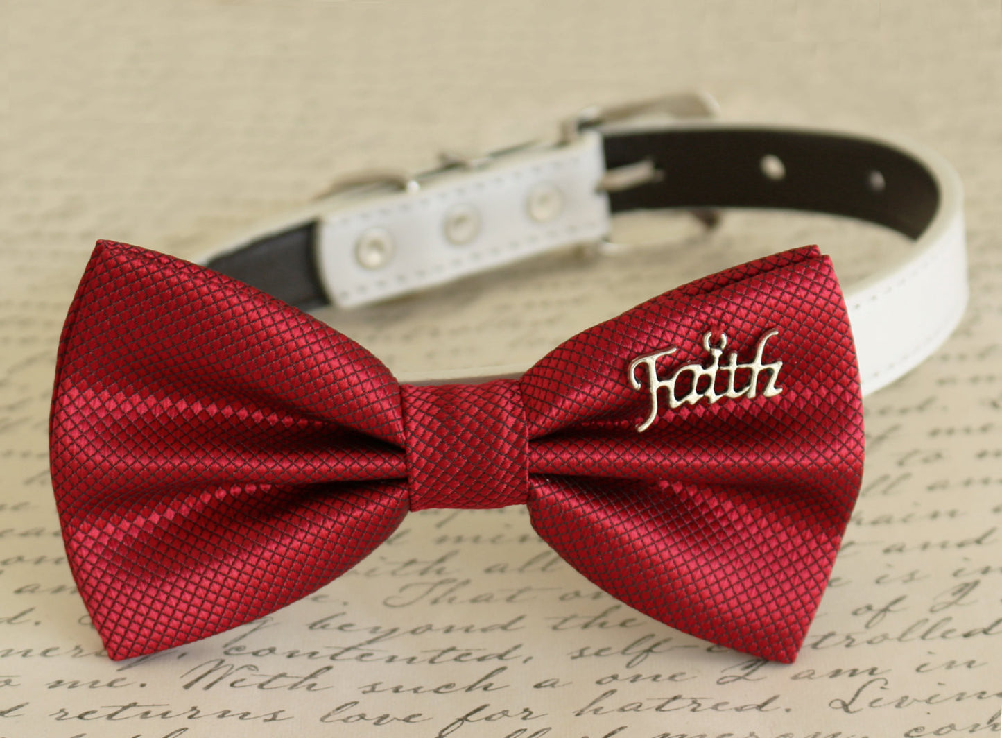 Red Dog Bow tie attached to collar, Faith charm, Dog birthday, pet wedding , Wedding dog collar