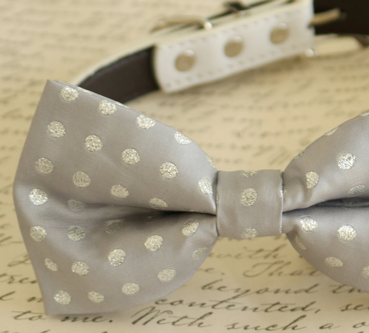 Silver Dog Bow Tie, bow attached to dog collar, Pet wedding accessory , Wedding dog collar