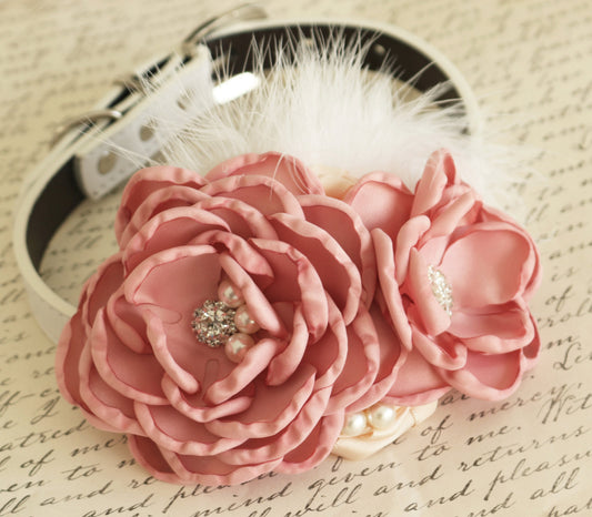 Dusty Pink Flower Wedding dog collar, Dog birthday, Pet accessory, Choker , Wedding dog collar