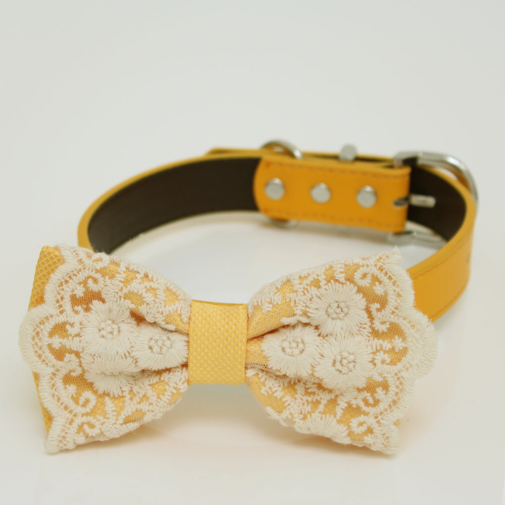 Antique gold flower lace dog bow tie collar with elegant embroidered floral pattern, decorative lace edges, and adjustable vegan leather collar