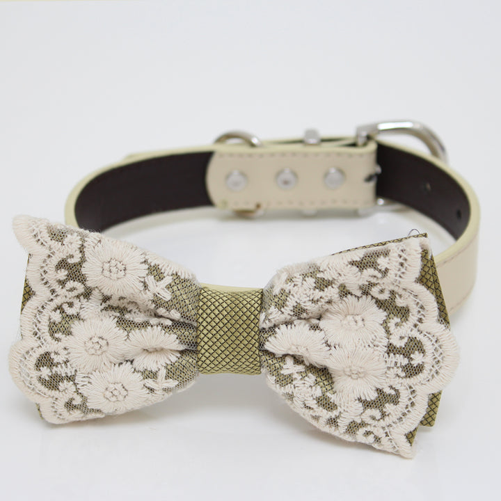 Antique gold lace dog bow tie collar with embroidered floral lace overlay, ivory vegan leather collar, and elegant handmade lace bow tie