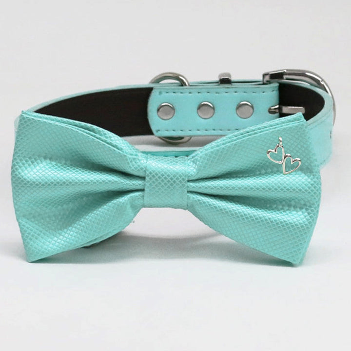 Aqua textured bow tie dog collar featuring a silver double heart charm and matching vegan leather collar