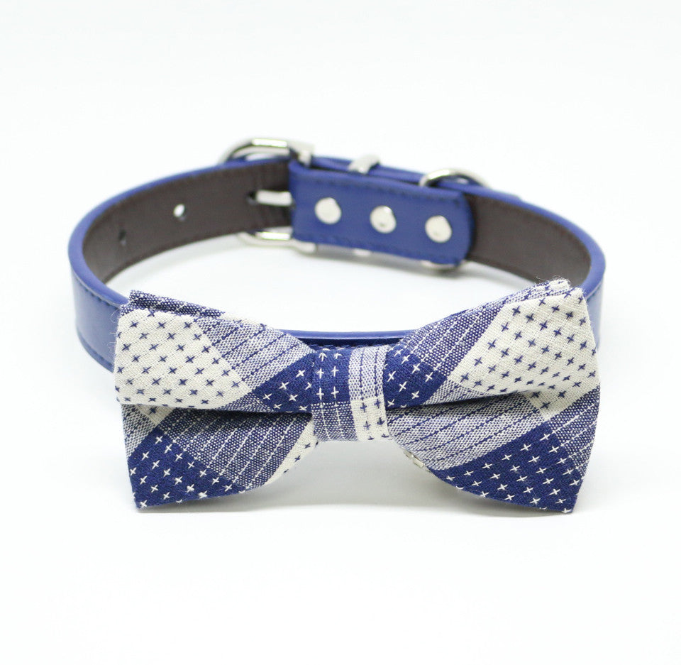 Blue and white patchwork dog bow tie collar with blue vegan leather collar and silver-tone hardware