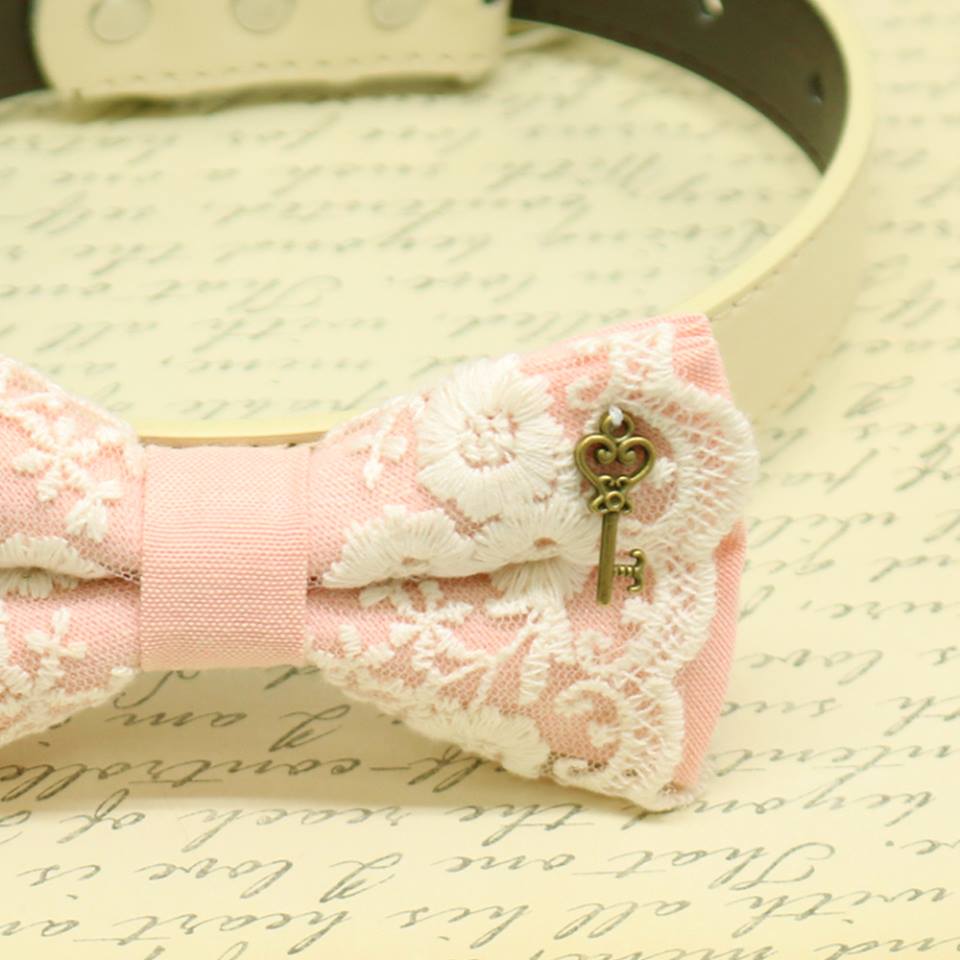 Blush pink lace dog bow tie collar close-up showing antique bronze key charm, floral embroidered lace details, and soft pink fabric accents