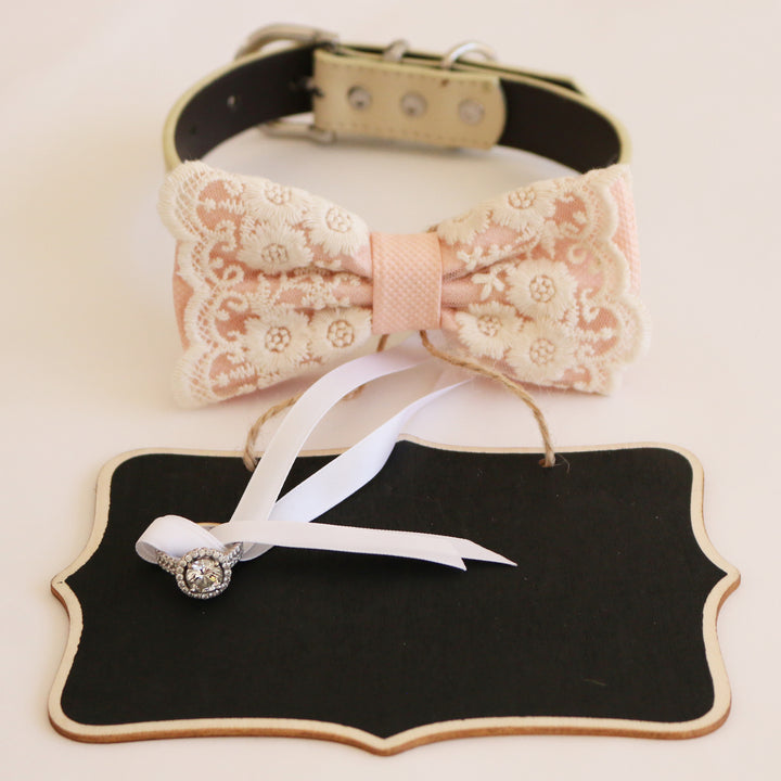 Blush pink lace ring bearer dog bow tie collar featuring embroidered floral lace overlay, attached wedding ring holder ribbon, and adjustable vegan leather collar