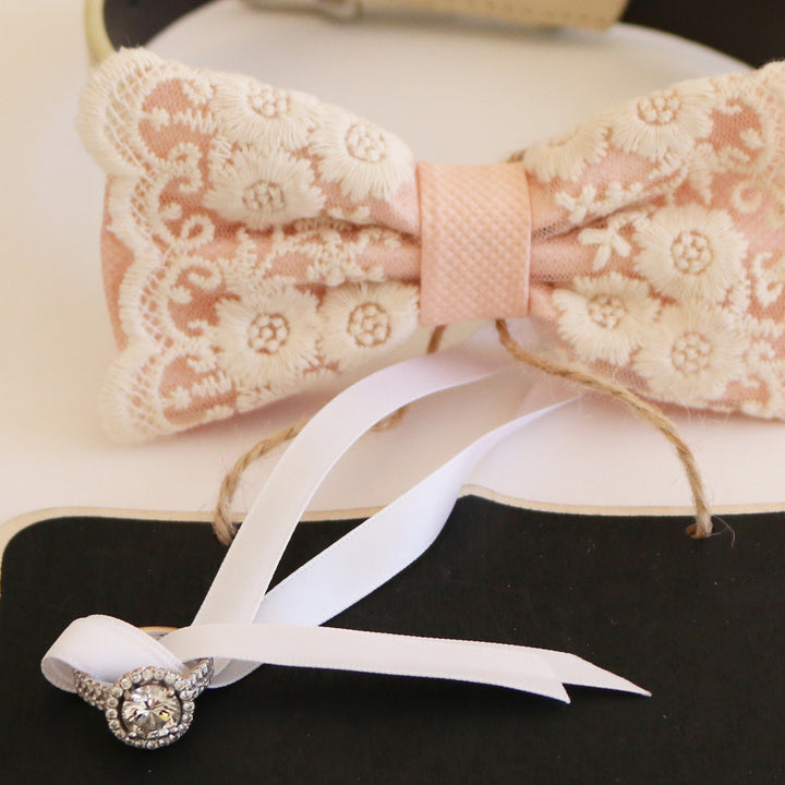 Blush pink lace ring bearer dog bow tie collar with embroidered floral lace, wedding ring holder ribbon, and decorative display board