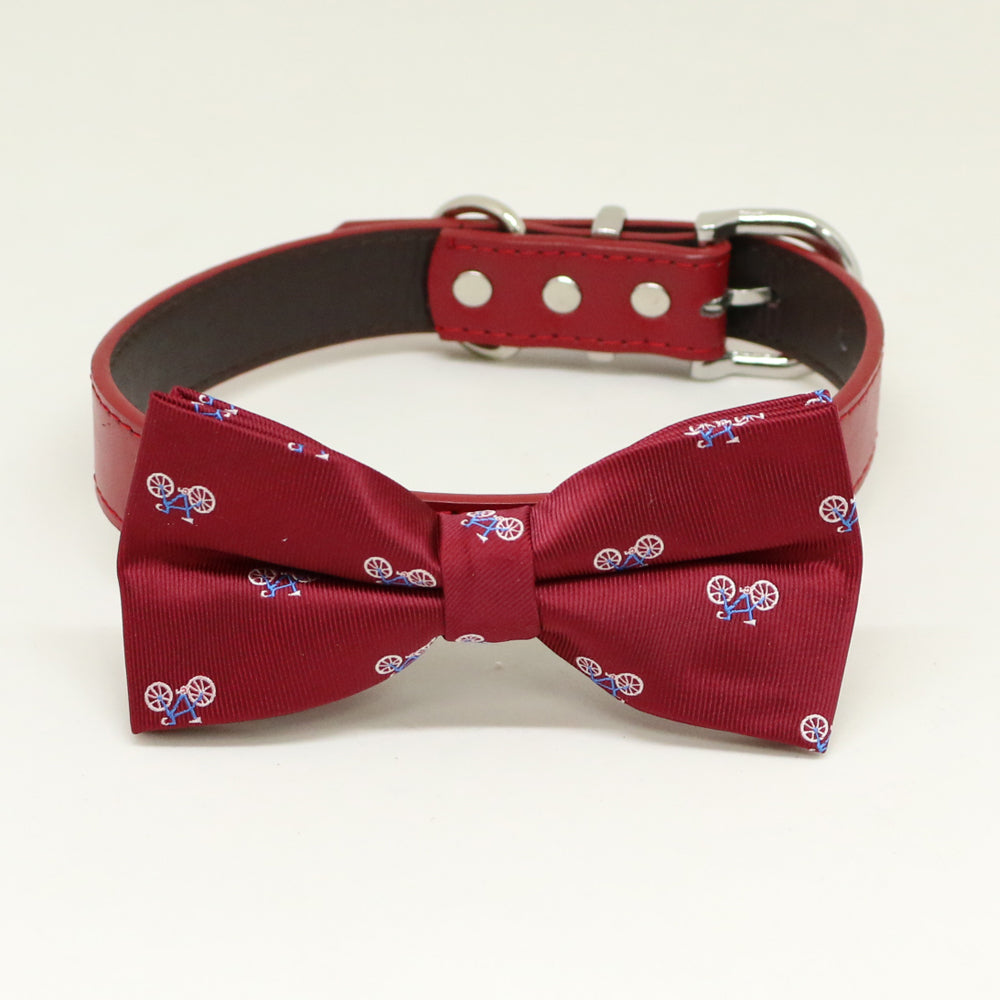 Burgundy bicycle pattern dog bow tie with red vegan leather collar and silver hardware