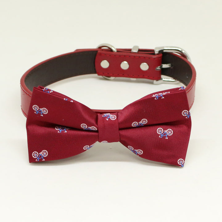 Burgundy bicycle pattern dog bow tie with red vegan leather collar and silver hardware