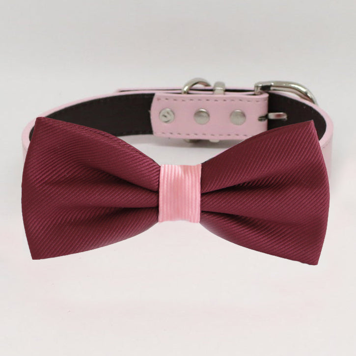 Burgundy dog bow tie collar featuring a blush pink center band and matching blush vegan leather collar