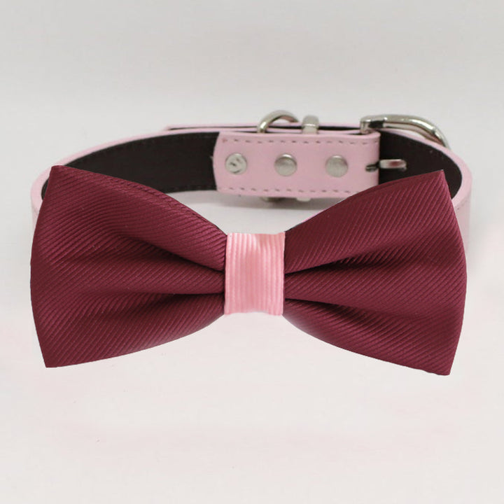 Burgundy dog bow tie collar featuring a blush pink center band and matching blush vegan leather collar