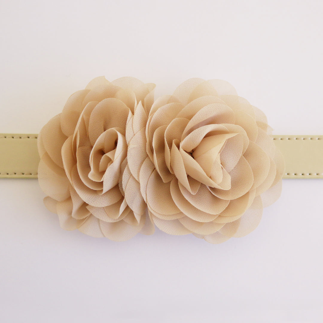Champagne double rose dog collar featuring handcrafted chiffon flowers on a vegan leather collar for weddings and special occasions