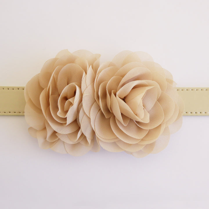 Champagne double rose dog collar featuring handcrafted chiffon flowers on a vegan leather collar for weddings and special occasions