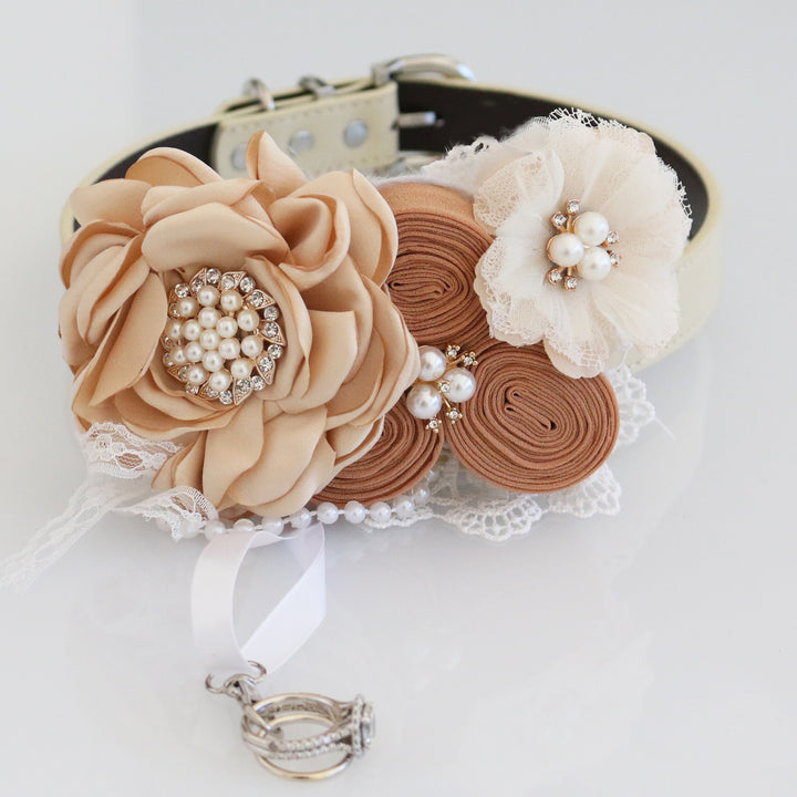 Champagne floral ring bearer dog collar with pearl flower center, lace flower accent, rosette arrangement, and decorative ring holder charm.