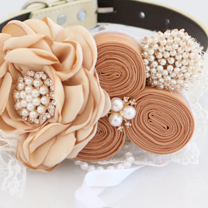 Close-up of champagne floral ring bearer dog collar with pearl centerpiece, rosette flowers, lace accents, and wedding ring holder ribbon.