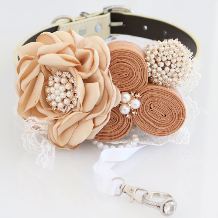 Champagne floral ring bearer dog collar with pearl flower center, handmade rosette arrangement, lace trim, and decorative ring holder charm.