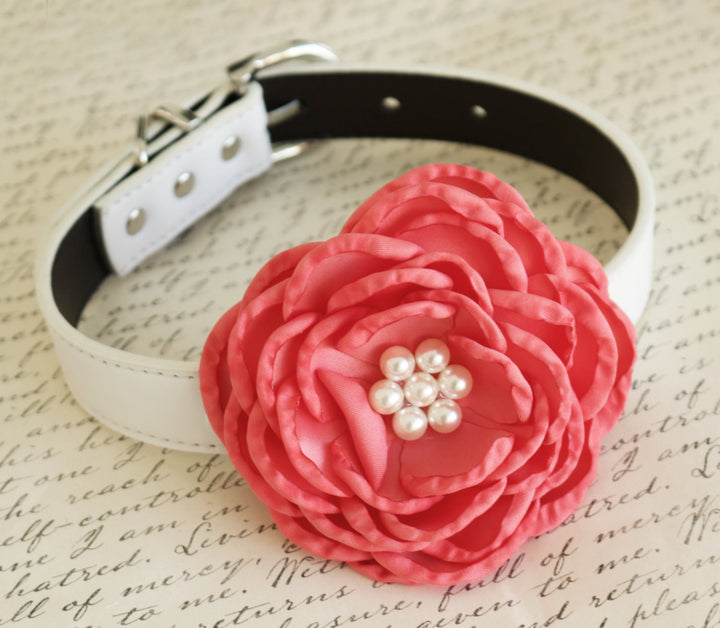 Close-up of coral peony flower dog collar with layered fabric petals, pearl center accents, and white vegan leather collar.