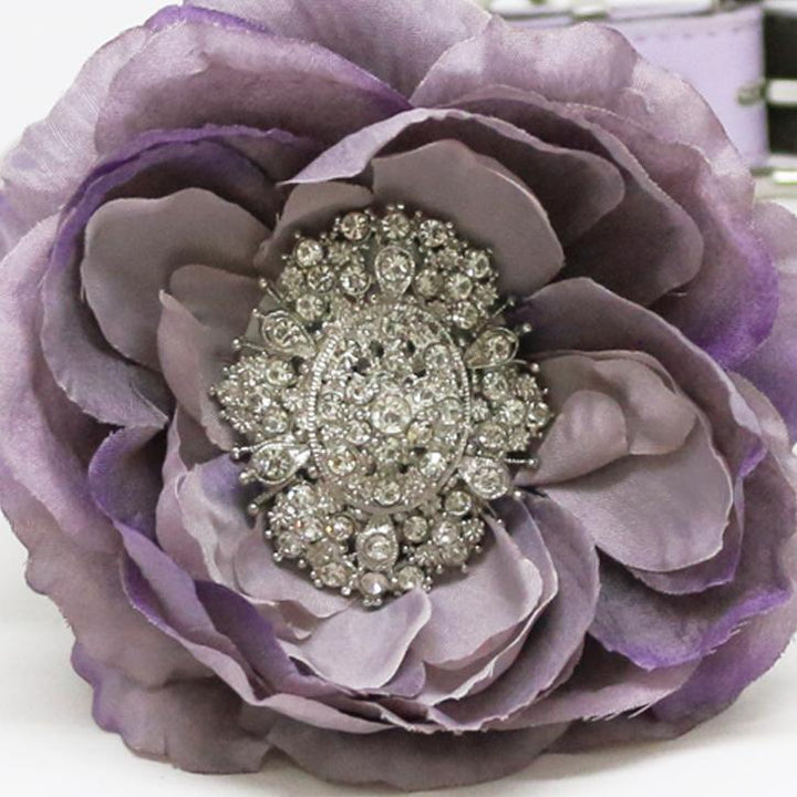 Dusty lavender flower dog collar with ornate crystal brooch centerpiece and pastel vegan leather collar.