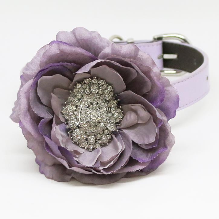 Dusty lavender floral dog collar featuring a large flower with decorative crystal brooch accent.