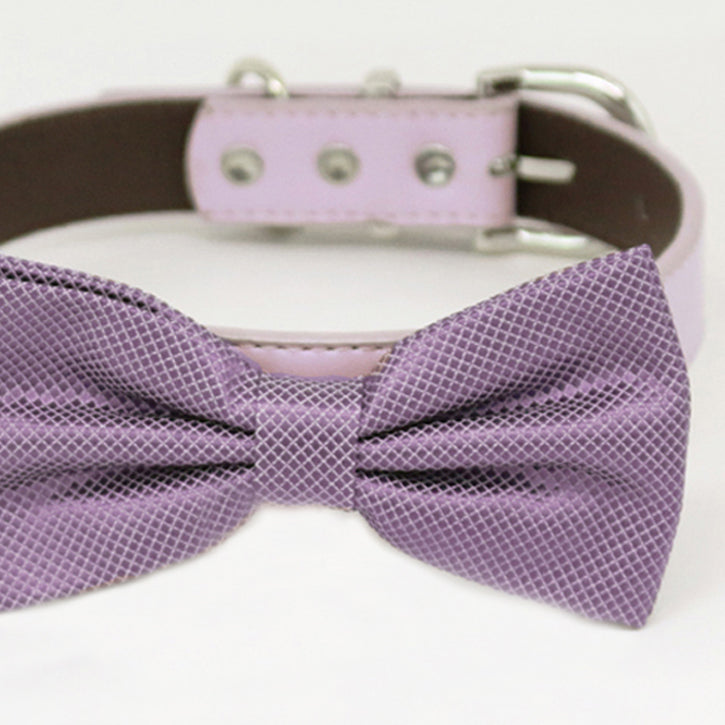 Dusty lavender textured satin dog bow tie collar with matching light lavender vegan leather collar