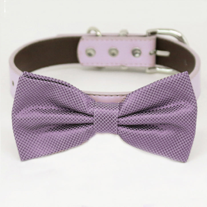 Dusty lavender textured satin dog bow tie attached to a matching light lavender vegan leather dog collar