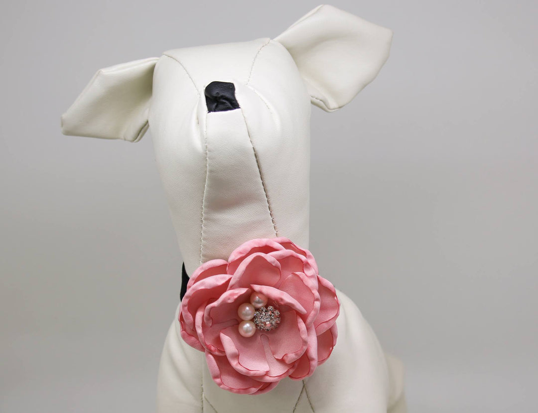 Front view of dusty pink flower dog choker collar featuring layered petals, pearl accents, and sparkling crystal centerpiece.