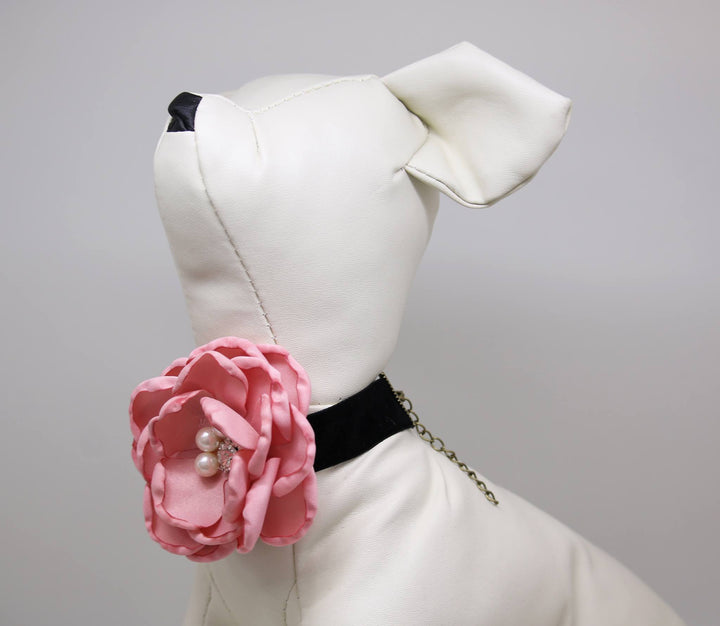 Dusty pink flower dog choker collar with pearl and crystal center accent displayed on dog mannequin side profile.