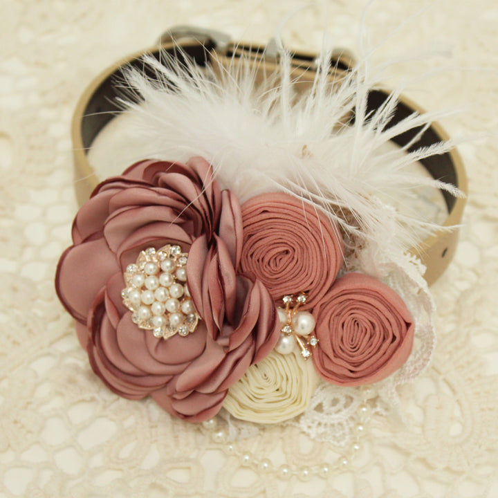 Dusty rose and ivory floral ring bearer dog collar with lace accents, pearl garland, feather detail, and decorative ring holder.