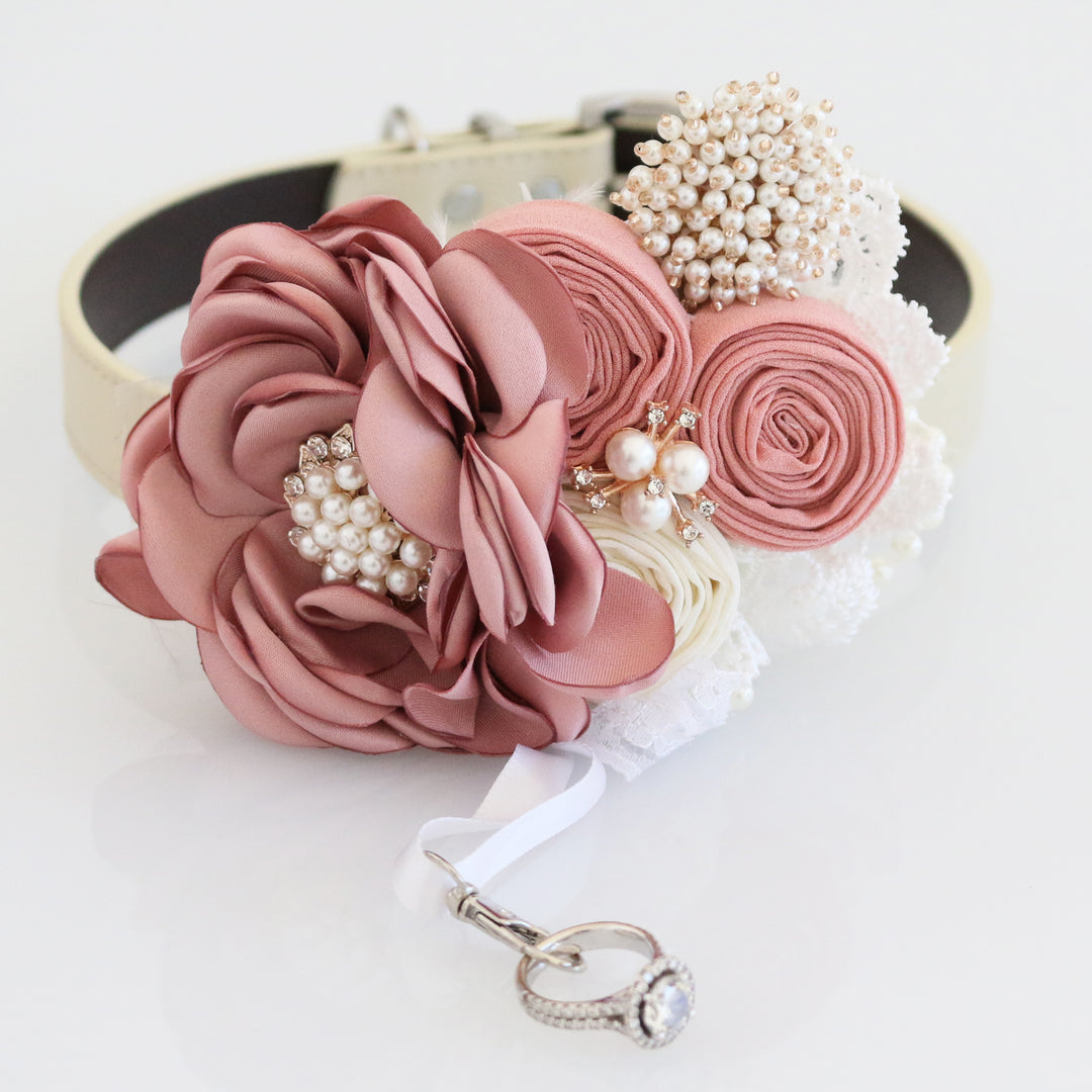 Dusty rose and ivory floral ring bearer dog collar with pearl accents, lace details, decorative ring holder, and handmade flower arrangement.