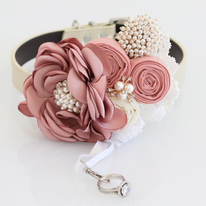 Dusty rose and ivory floral ring bearer dog collar with pearl accents, lace details, decorative ring holder, and handmade flower arrangement.